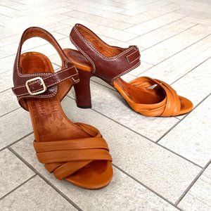 Chie Mihara Caramel & Brown Leather Strappy Sandal Heel Women's Size 6.5